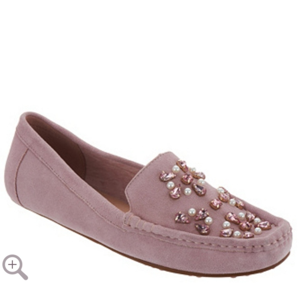 Lightly worn pink embellished suede moccasins